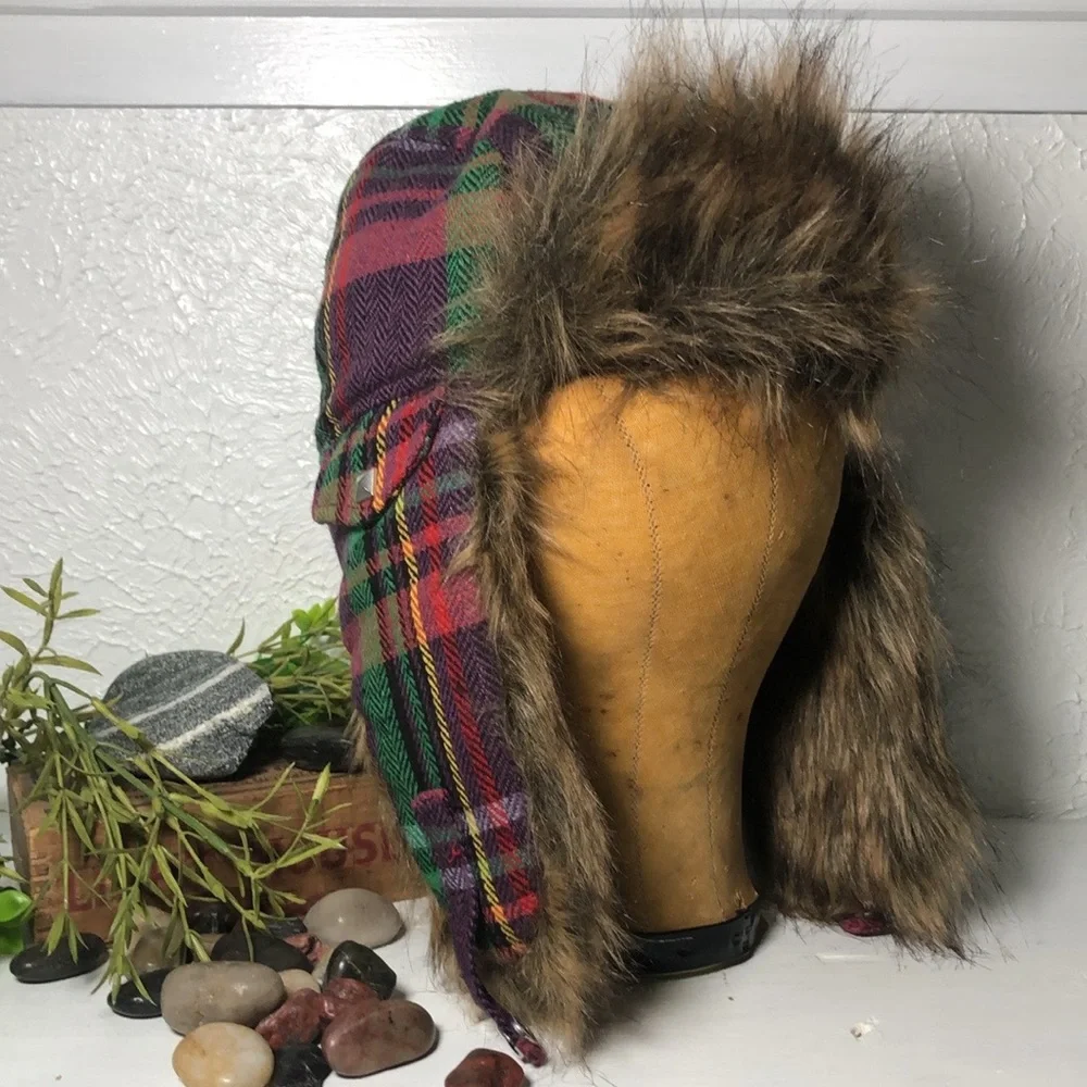 Plaid Bomber Faux Fur Hat Snow Ski Cold Weather Headwear Multi Color Plaid Hat - Picture 4 of 16